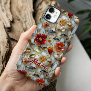 Stained glass red flowers iPhone 16 case