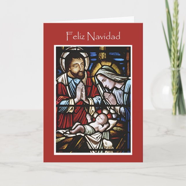 Stained Glass, Red Holy Family in German Holiday Card (Front)