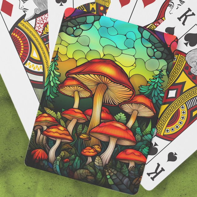 Stained Glass Red Mushrooms Toadstool Fantasy Poker Cards (Stained glass mushrooms playing cards)
