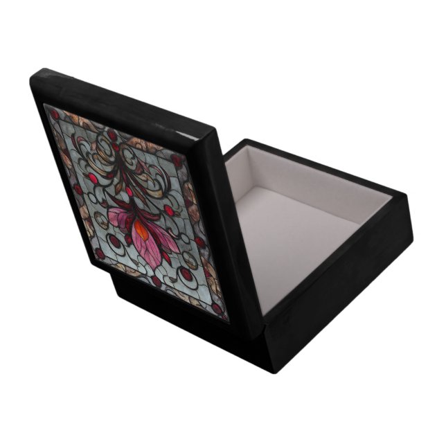 Stained Glass Red Pink Flower Gift Box (Back Open)
