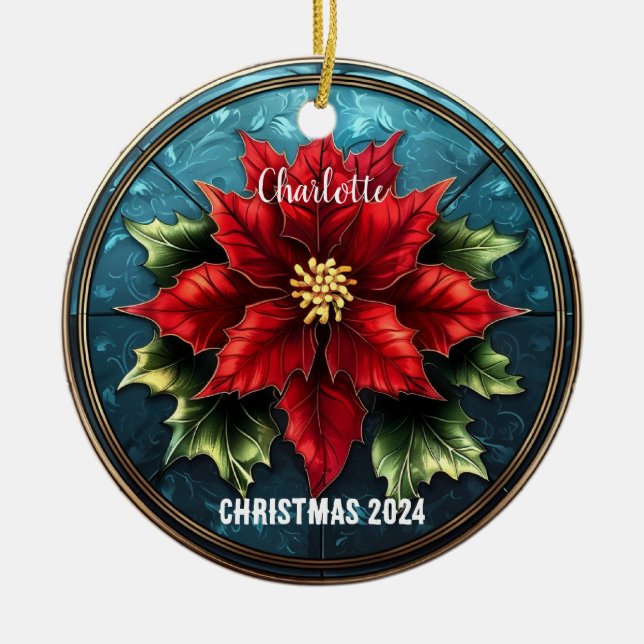 Stained Glass Red Poinsettia Personalized Ornament (Front)