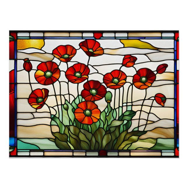 Stained Glass Red Poppy Flowers Bouquet  Poster (Front)