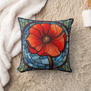 Stained Glass Red Poppy Throw Pillow