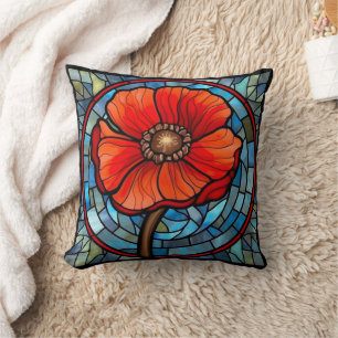 Stained Glass Red Poppy Throw Pillow