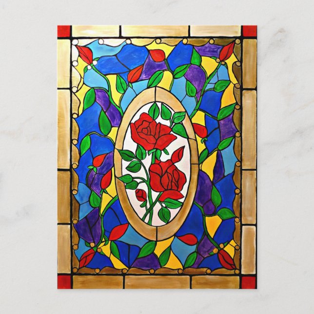 Stained glass red roses postcard (Front)