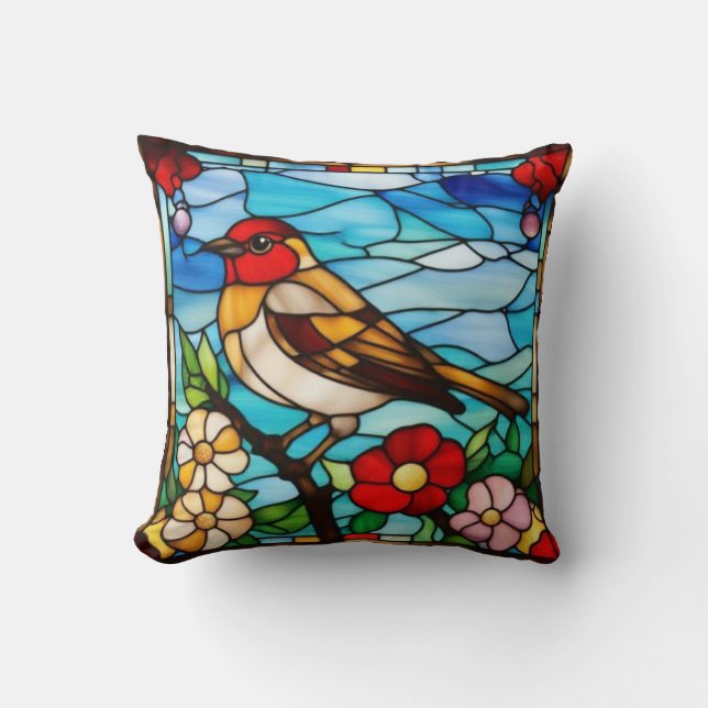 Stained Glass Robin Throw Pillow (Front)