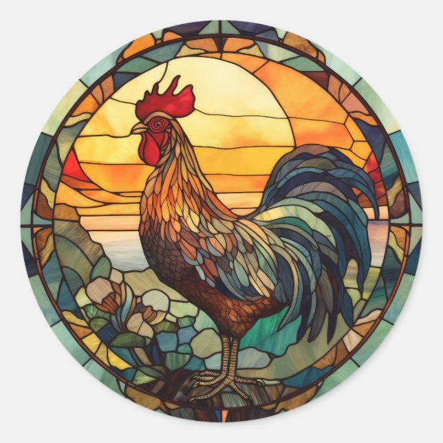 Stained Glass Rooster Classic Round Sticker (Front)