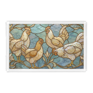 Stained Glass Roosters Elegant Chicken Farmhouse Acrylic Tray