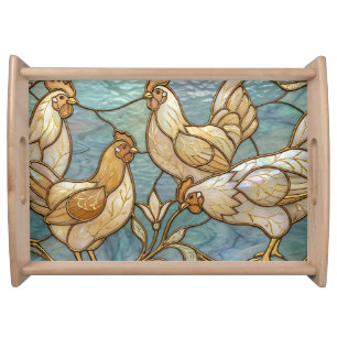 Stained Glass Roosters Elegant Chicken Farmhouse Serving Tray