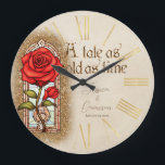 Stained Glass Rose Beauty and the Beast Large Clock<br><div class="desc">This custom wall clock features a magical and enchanting Beauty and the Beast fairy tale theme. The background is an antique looking parchment paper design, encircled with gold Roman numerals. An image of a stained glass red rose is placed on the left, accented with a gold glitter pattern. A tale...</div>