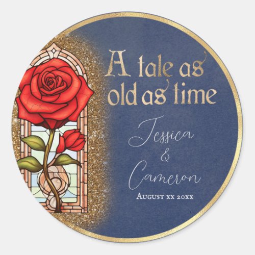 Stained Glass Rose Beauty and the Beast on Blue Classic Round Sticker