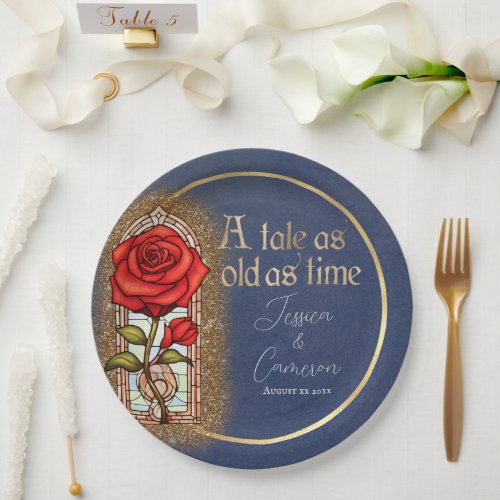 Stained Glass Rose Beauty and the Beast on Blue Paper Plates