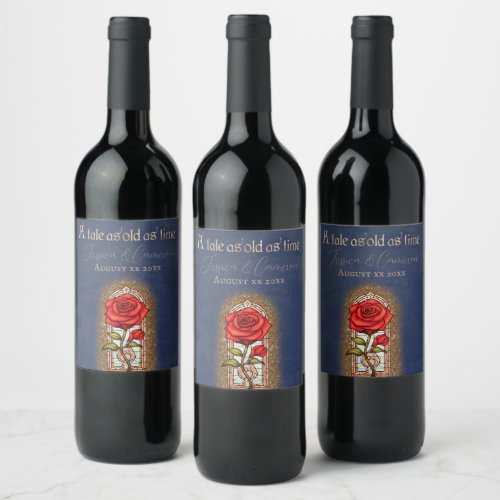 Stained Glass Rose Beauty and the Beast on Blue Wine Label