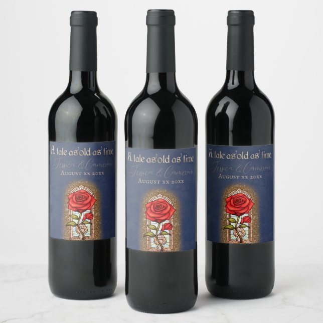 Stained Glass Rose Beauty and the Beast on Blue Wine Label (Bottles)