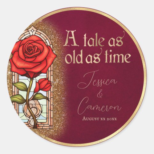 Stained Glass Rose Beauty and the Beast on Red Classic Round Sticker