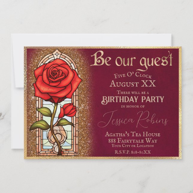 Stained Glass Rose Beauty and the Beast on Red Invitation (Front)