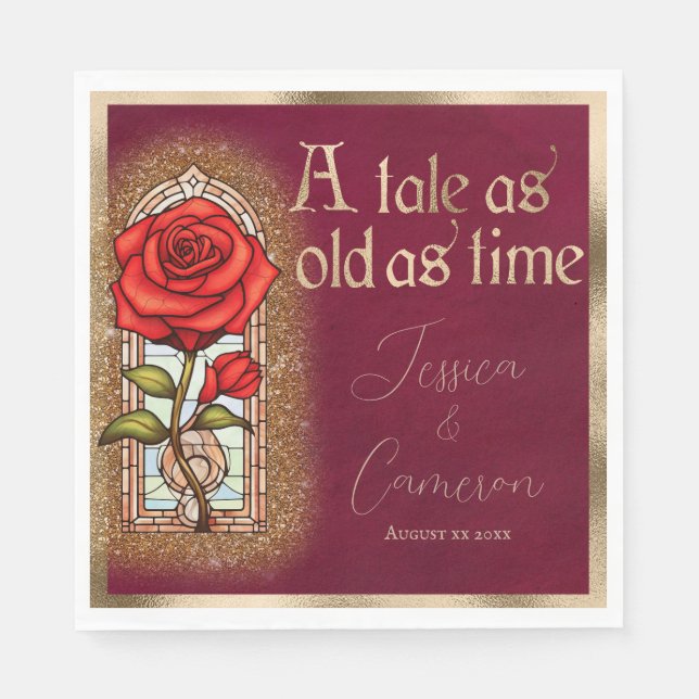 Stained Glass Rose Beauty and the Beast on Red Napkins (Front)