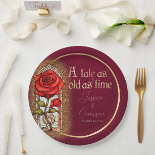 Stained Glass Rose Beauty and the Beast on Red Paper Plates