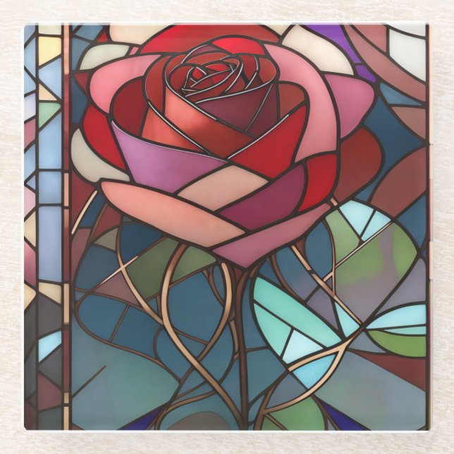 Stained Glass Rose Glass Coaster (Front)