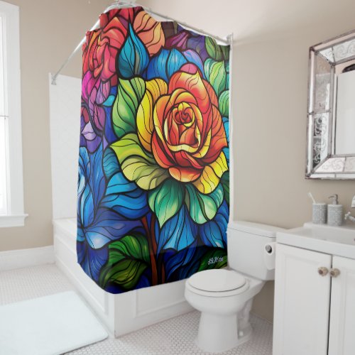 stained glass rose rainbow forest with sunset shower curtain