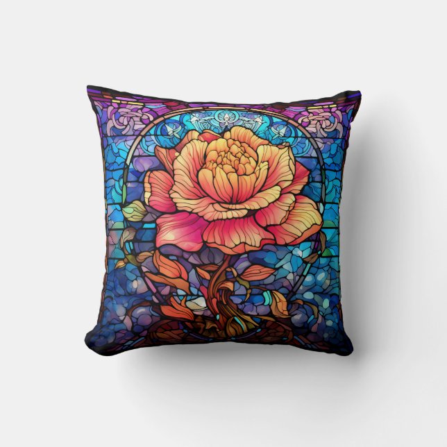 Stained Glass Rose Throw Pillow (Front)