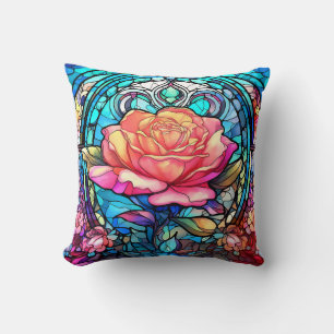 Stained Glass Rose Throw Pillow