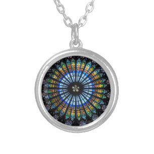 Stained glass rose window in France's Strasbourg Silver Plated Necklace