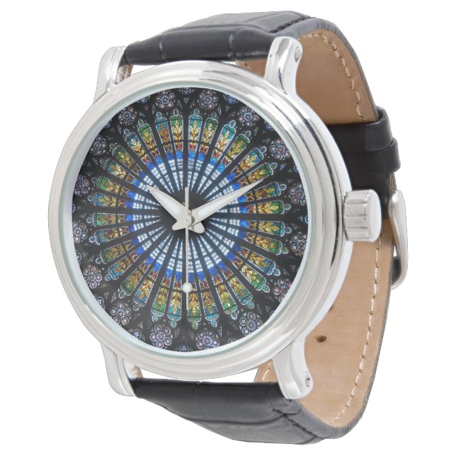 Stained glass rose window in France's Strasbourg Watch (Angled)