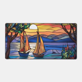 Stained Glass Sailboats Scene 