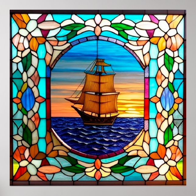 ⛵ Stained Glass Sailing Decor For Coastal Room  (Front)