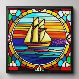 Stained Glass Sailing Ship at Sunset Peel And Stick Photo Tile