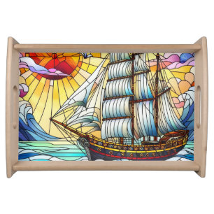 Stained Glass Sailing Ship Nautical Beachy Coastal Serving Tray