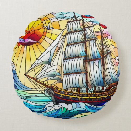 Stained Glass Sailing Ship Round Pillow