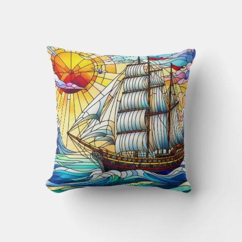 Stained Glass Sailing Ship Throw Pillow