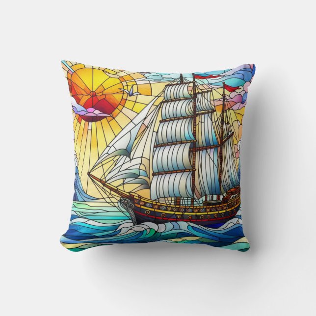 Stained Glass Sailing Ship Throw Pillow (Front)