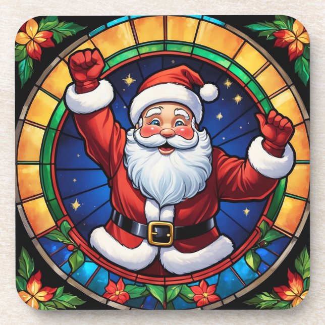 Stained Glass Santa Christmas Holiday Drink Beverage Coaster (Front)