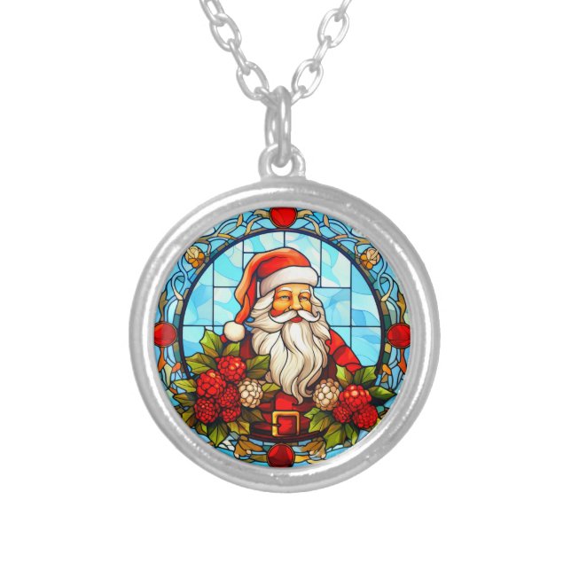 Stained Glass Santa Christmas Ornament-67672 Silver Plated Necklace (Front)