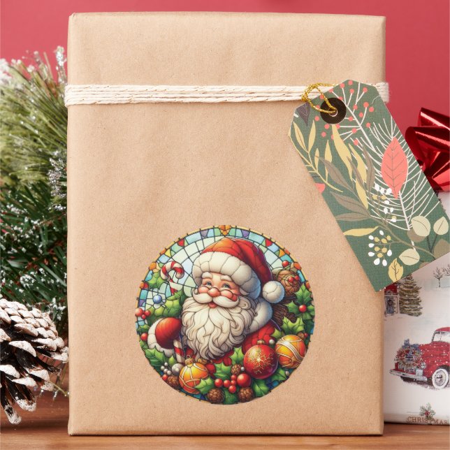 Stained Glass Santa Claus Classic Round Sticker (Holiday)