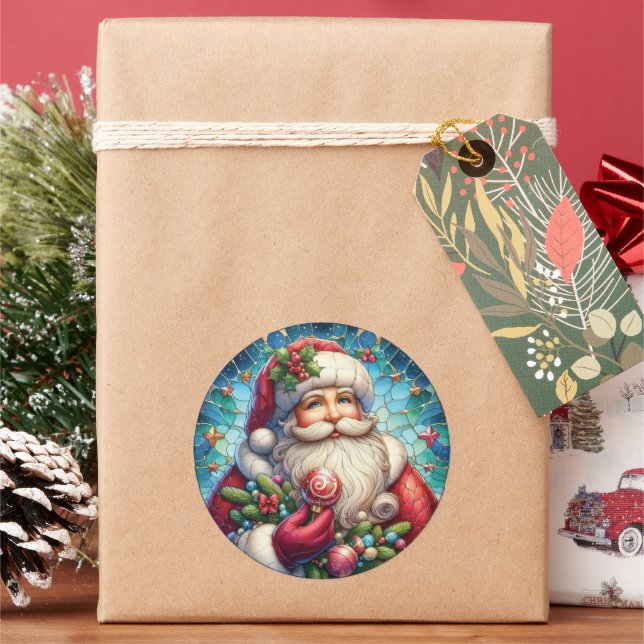 Stained Glass Santa Claus Classic Round Sticker (Holiday)