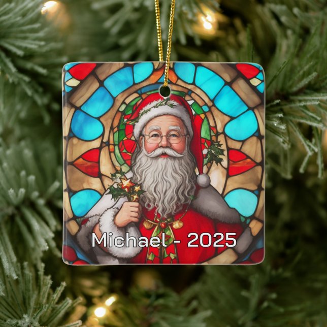 Stained Glass Santa Claus Portrait Ceramic Ornament (Tree)