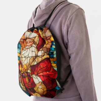 Stained Glass Santa Drawstring Bag