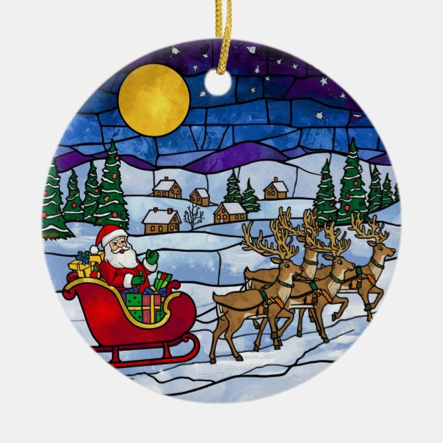 Stained Glass Santa & Reindeer Sleigh Ride Ceramic Ornament (Front)