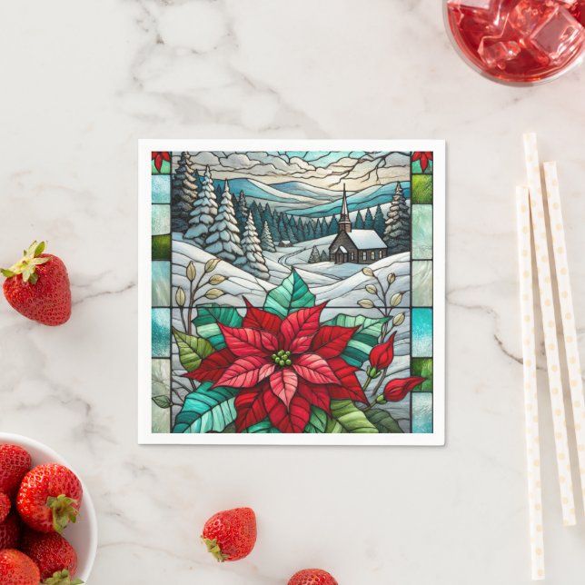 Stained Glass Scenic Winter Poinsettia Decoupage Napkins (Insitu)