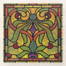 Stained Glass Scroll Design in Gold and Red
