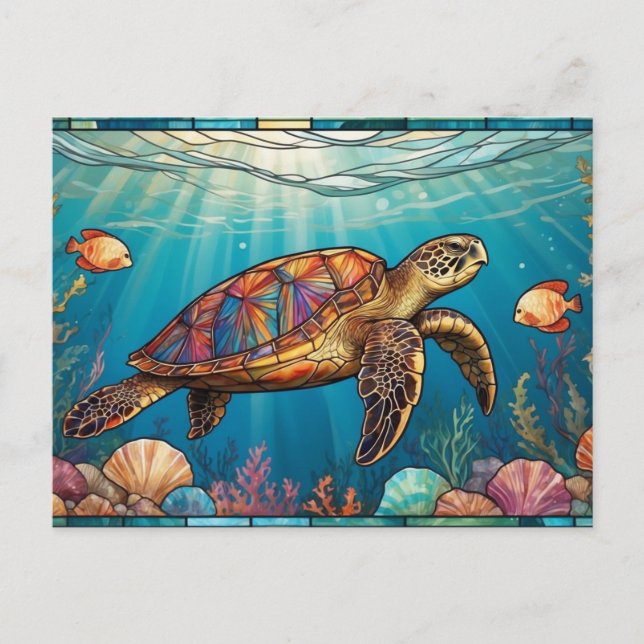 Stained Glass Sea Turtle, Fish, Coral, Ocean Postcard (Front)