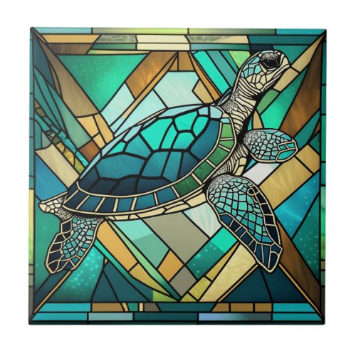Stained Glass Sea Turtle Illustration Ceramic Tile