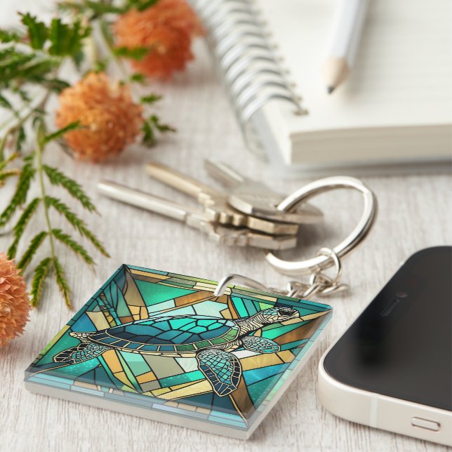 Stained Glass Sea Turtle Illustration Keychain (Front Right)