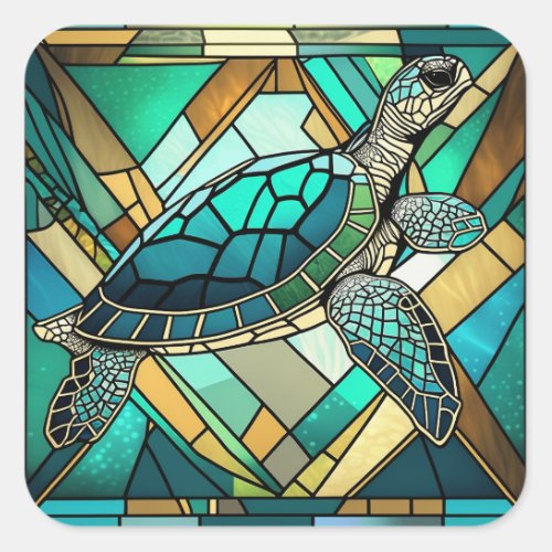 Stained Glass Sea Turtle Illustration Square Sticker