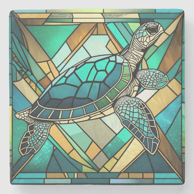 Stained Glass Sea Turtle Illustration Stone Coaster (Front)