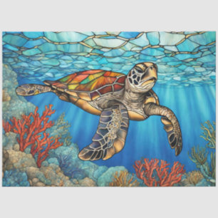 Stained Glass Sea Turtle Swimming, Coral Tissue Paper